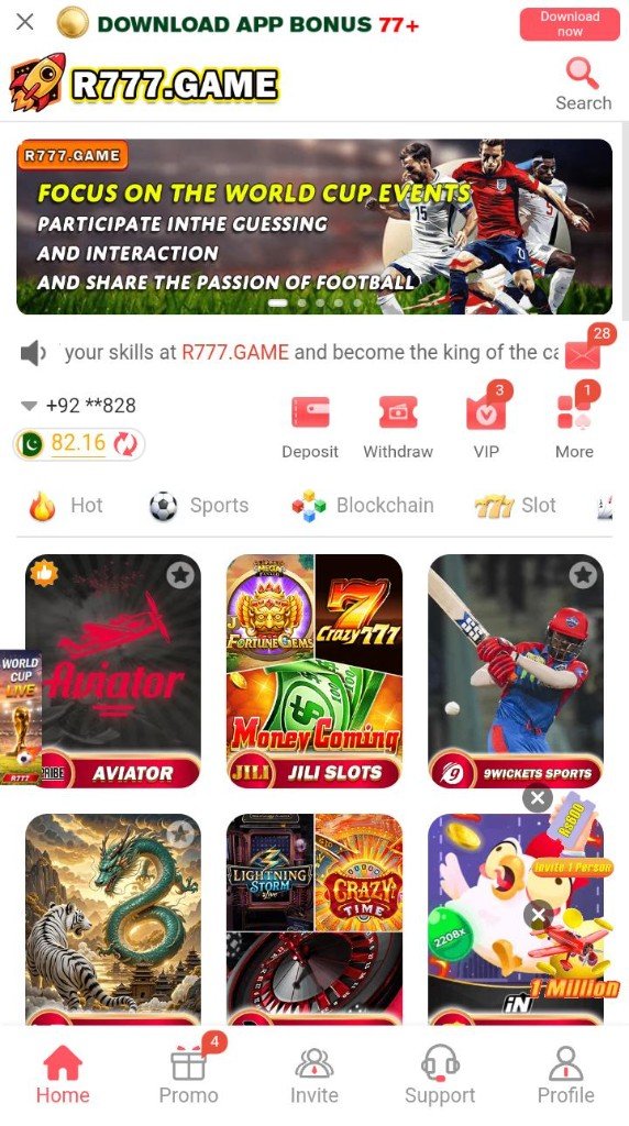 R777 Game app home screen showing game lobby, deposit and withdraw buttons, JazzCash balance, and game categories in Pakistan