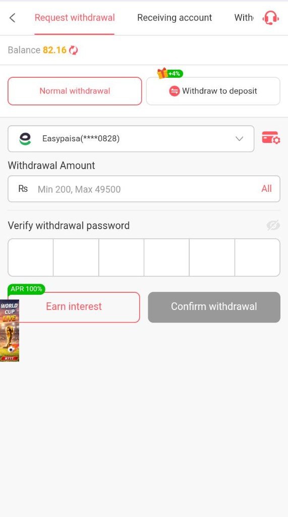 R777 Game request withdrawal screen with EasyPaisa account, amount field, and verify withdrawal password